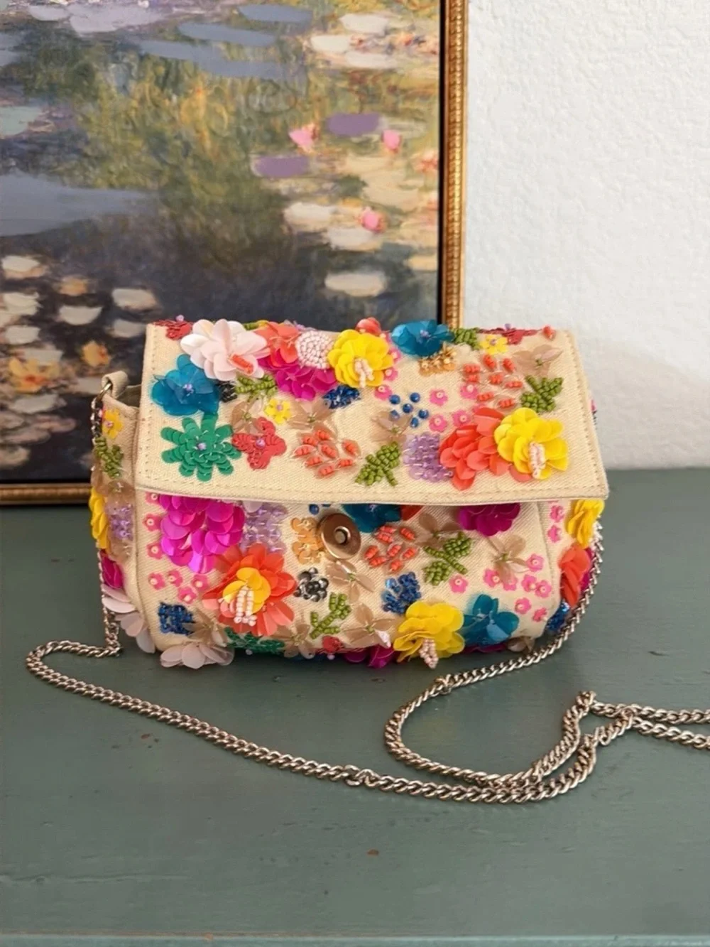 Embellished Floral Sequin Crossbody Bag - Multicolor